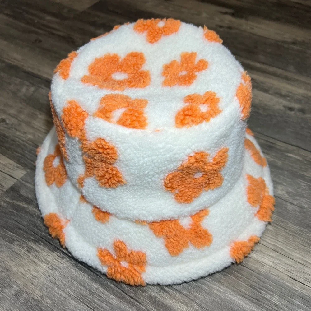 Orange Floral Sherpa Bucket Hat Cream Teddy Fleece Y2K Indie Soft Girl‎ Festival